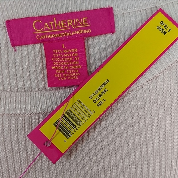 Catherine Malandrino Top Stretch Rib Knit Bell Sleeve Crochet Blush Pink L NWT - Picture 8 of 8